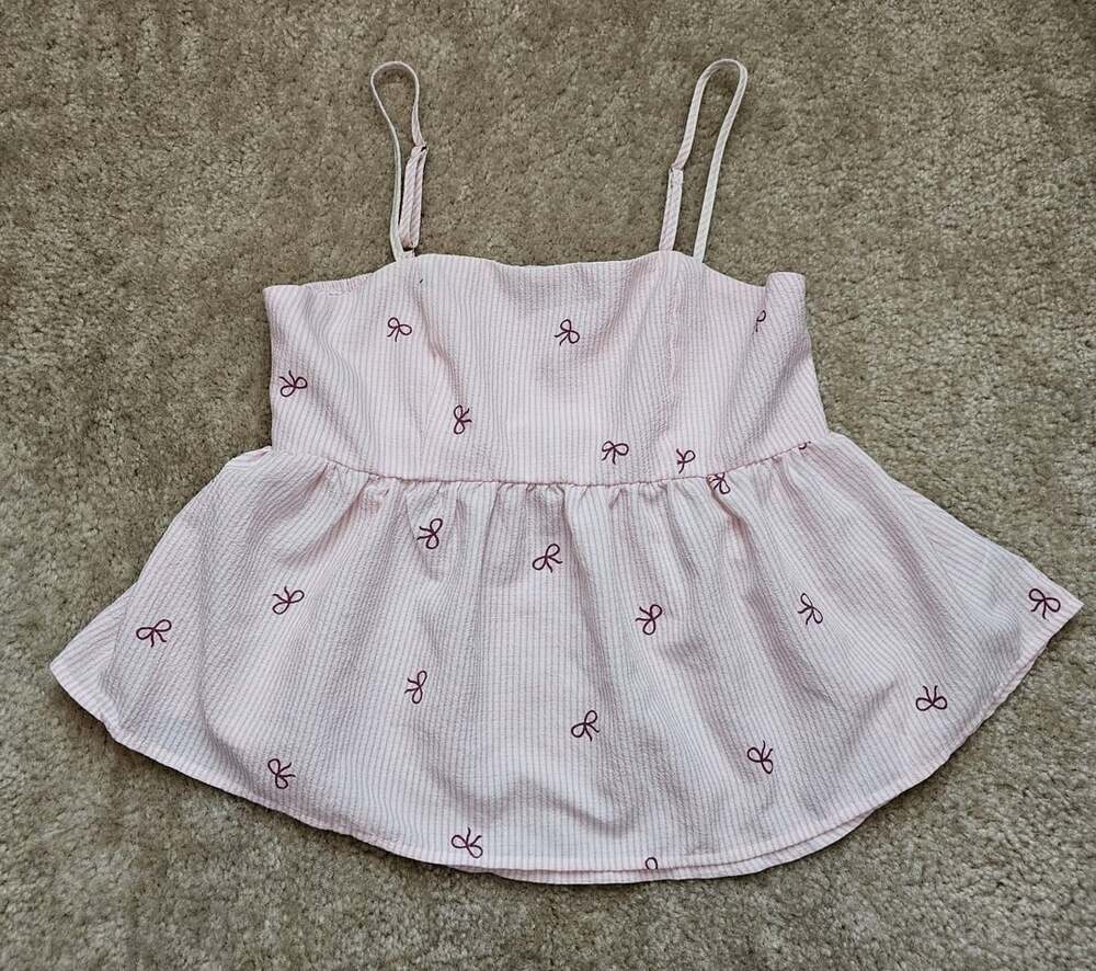 SHEIN Pink White Striped Bow Print Peplum Cami Top Women's US 6 Smocked